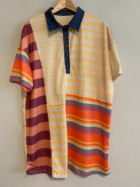 Striped Patchwork Collared Shirt Dress,